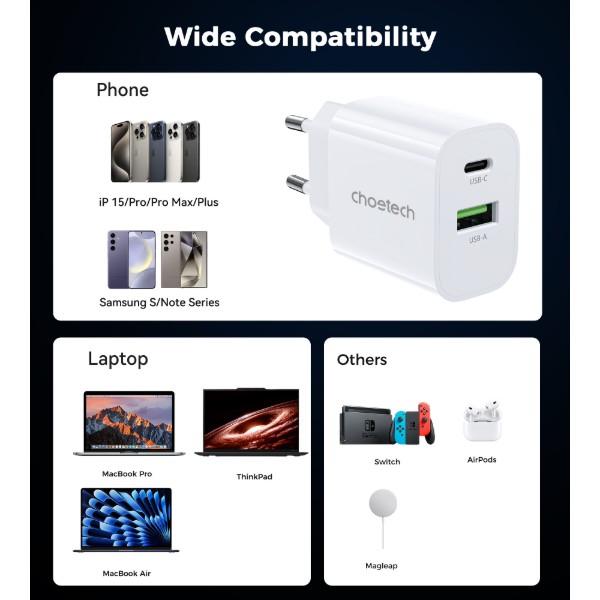 Фото - Мережевий зарядний пристрій Choetech PowiX USB-A/USB-C PD 30W White (PD9009-EU-WH)