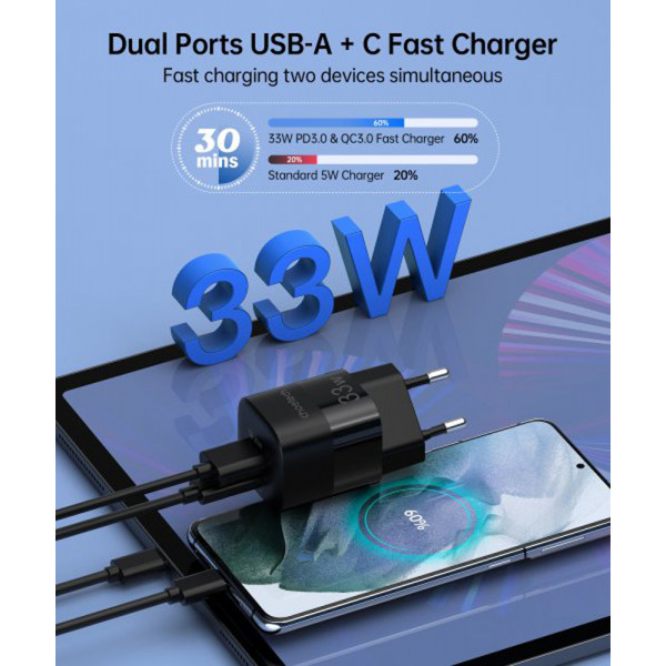 Фото - Мережевий зарядний пристрій Choetech GaN USB-A/USB-C 33W QC3.0/PD/PPS (PD5006-EU-BK)