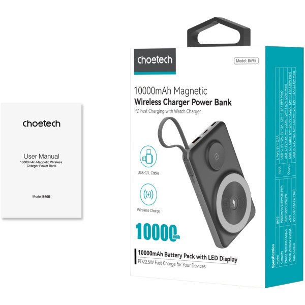 Фото - Батарея мобільна Choetech Magnetic Wireless 10000mAh 22.5W (B695-BK)