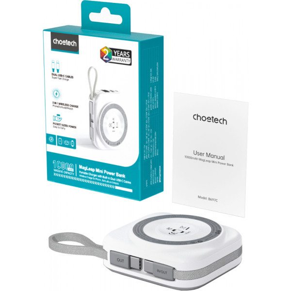 Фото - Батарея мобильная Choetech Magnetic Wireless 10000mAh 22,5W PD USB-A (B697C-WHSL)