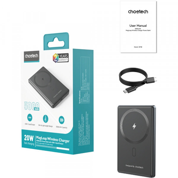 Фото - Батарея мобильная Choetech Magnetic Wireless 5000mAh 20W PD Qi-15W  USB-C (B738-CCBK)