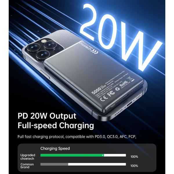 Фото - Батарея мобильная Choetech Magnetic Wireless 5000mAh 20W PD Qi-15W  USB-C (B738-CCBK)