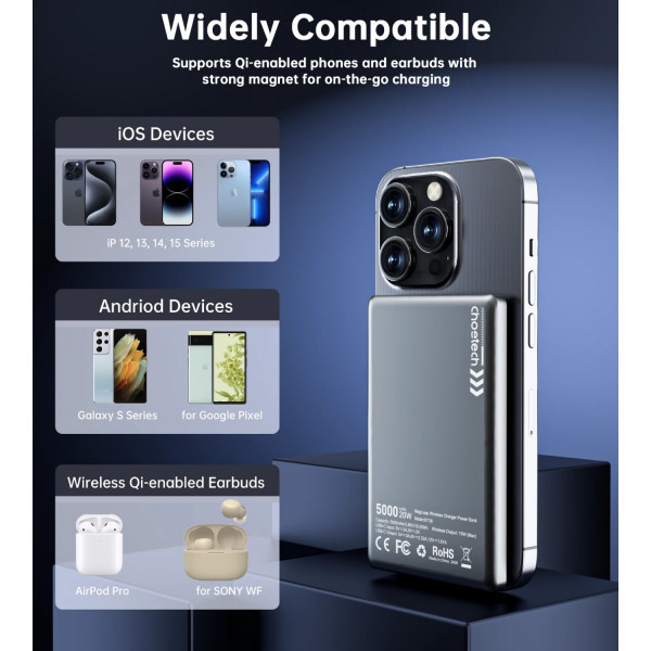 Фото - Батарея мобильная Choetech Magnetic Wireless 5000mAh 20W PD Qi-15W  USB-C (B738-CCBK)