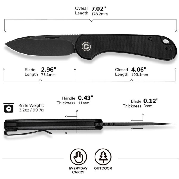 Фото - Ніж туристичний Civivi Elementum Slip Joint 75 см 14C28N / G10 (C18062AJ-1)