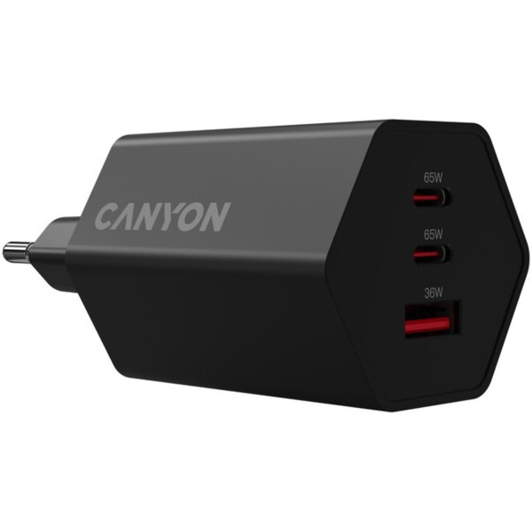 Фото - Мережевий зарядний пристрій Canyon Hexagon 65 GaN 65W 2xPD 1xQC EU Black (CND-CHAHEX65B)