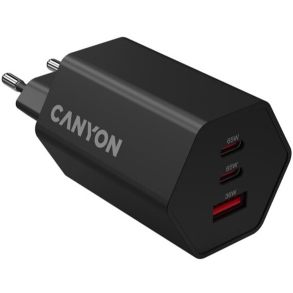 Фото - Мережевий зарядний пристрій Canyon Hexagon 65 GaN 65W 2xPD 1xQC EU Black (CND-CHAHEX65B)