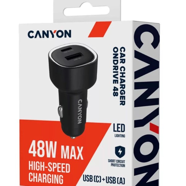 Фото - Автомобільний зарядний пристрій Canyon OnDrive 48 PD 48W USB-A+USB-C Black (CNE-CCABR3AC)