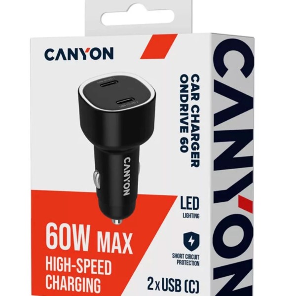 Фото - Автомобильное зарядное устройство Canyon OnDrive 60 PD 60W 2xUSB-C Black (CNE-CCABR3CC)