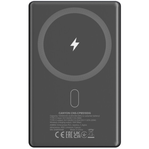 Фото - Батарея мобильная Canyon OnPower 510 slim Magsafe 10000 mAh PD20W Dark Grey (CNS-CPB510DG)