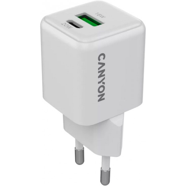 Фото - Мережевий зарядний пристрій Canyon CU20AC GaN 20W 1xPD 1xQC White (CNS-CUW20AC)
