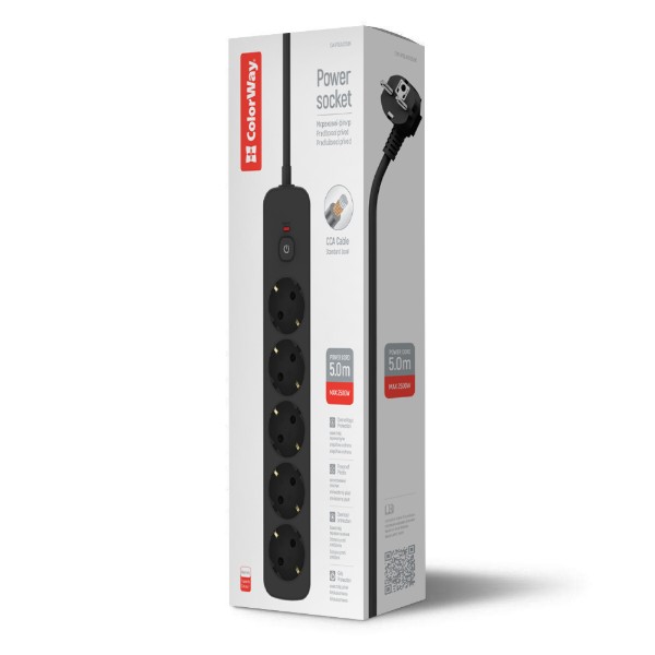 Фото - Мережевий фільтр Colorway 10A/2500W (CCA-3G1MM) 5 р/5M Black (CW-PSEA1055BK)