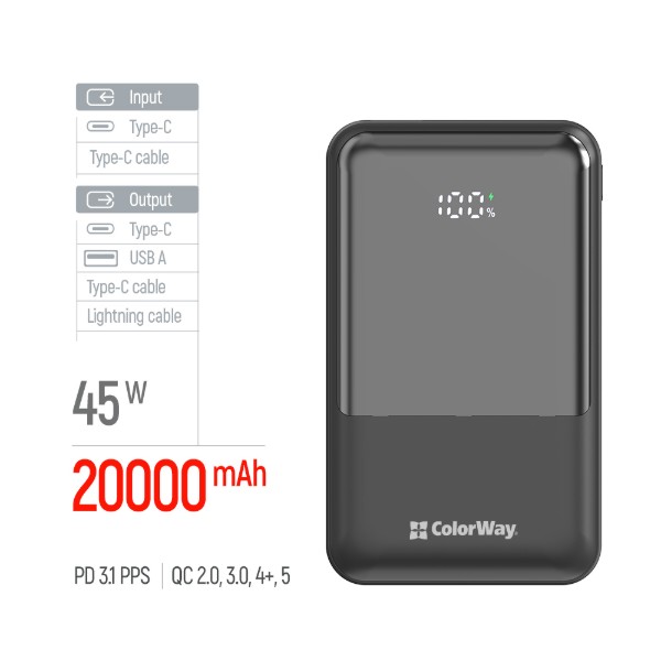 Фото - Батарея мобильная Colorway 20 000 mAh DigiPower USB QC4.0 + USB-C PD45W Black (CW-PB200LP04BK)