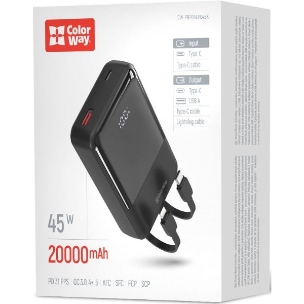 Фото - Батарея мобильная Colorway 20 000 mAh DigiPower USB QC4.0 + USB-C PD45W Black (CW-PB200LP04BK)