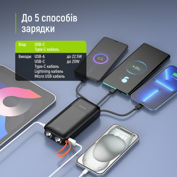 Фото - Батарея мобильная Colorway 20 000 mAh PowerHub USB QC4.0 + USB-C PD22.5W Black (CW-PB200LP07BK)