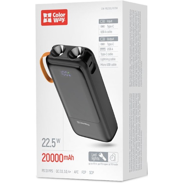 Фото - Батарея мобильная Colorway 20 000 mAh PowerHub USB QC4.0 + USB-C PD22.5W Black (CW-PB200LP07BK)