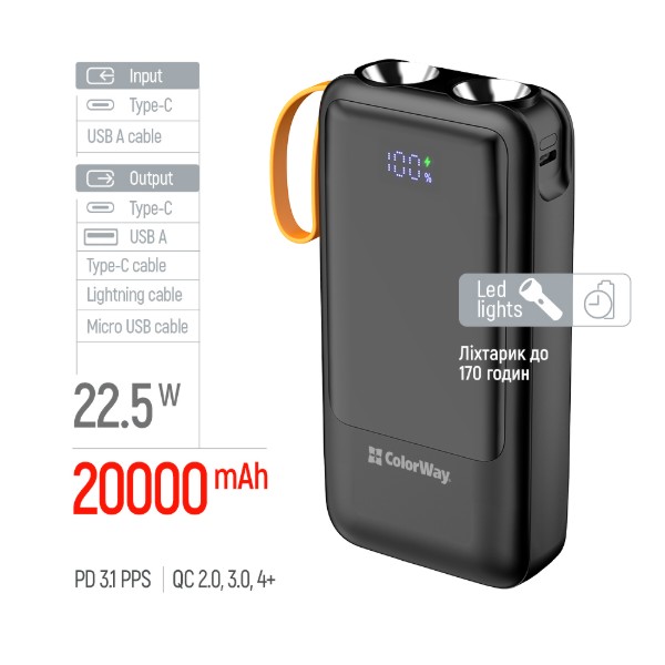 Фото - Батарея мобильная Colorway 20 000 mAh PowerHub USB QC4.0 + USB-C PD22.5W Black (CW-PB200LP07BK)