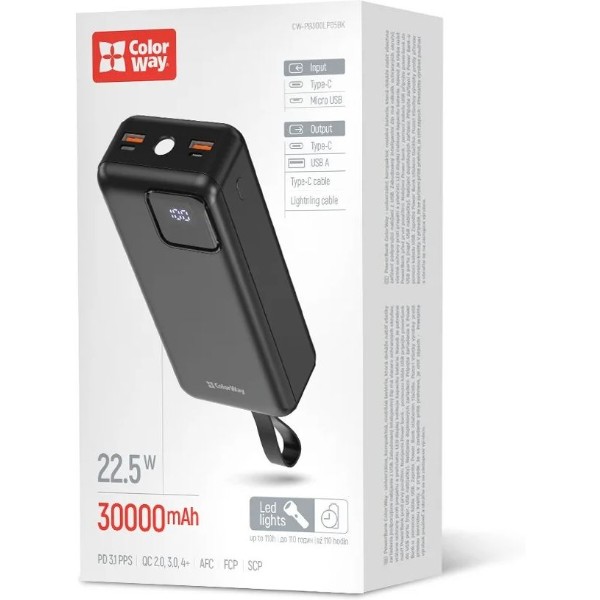 Фото - Батарея мобильная Colorway 30 000 mAh EnergyHub USB QC4.0 + USB-C PD22.5W Black (CW-PB300LP05BK)