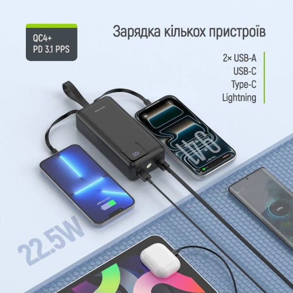 Фото - Батарея мобильная Colorway 30 000 mAh EnergyHub USB QC4.0 + USB-C PD22.5W Black (CW-PB300LP05BK)