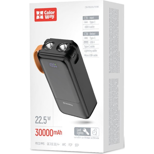 Фото - Батарея мобильная Colorway 30 000 mAh PowerHub USB QC4.0 + USB-C PD22.5W Black (CW-PB300LP07BK)