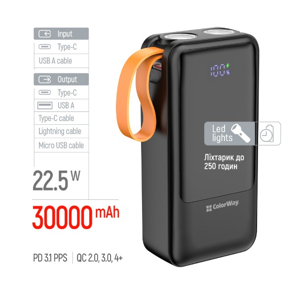 Фото - Батарея мобильная Colorway 30 000 mAh PowerHub USB QC4.0 + USB-C PD22.5W Black (CW-PB300LP07BK)