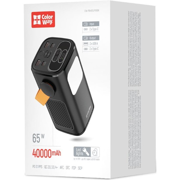 Фото - Батарея мобільна Colorway 40 000 mAh NightWork USB QC4.0 + USB-C PD65W Black (CW-PB400LP06BK)