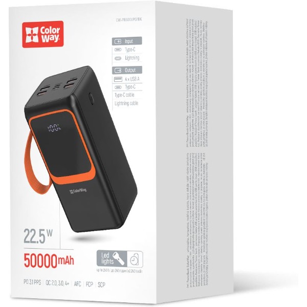 Фото - Батарея мобільна Colorway 50 000 mAh PowerView USB QC4.0 + USB-C PD22.5W Black (CW-PB500LP02BK)