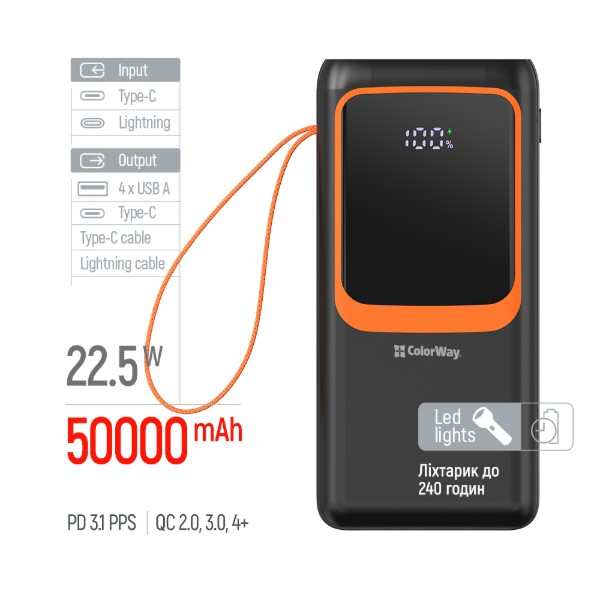 Фото - Батарея мобільна Colorway 50 000 mAh PowerView USB QC4.0 + USB-C PD22.5W Black (CW-PB500LP02BK)