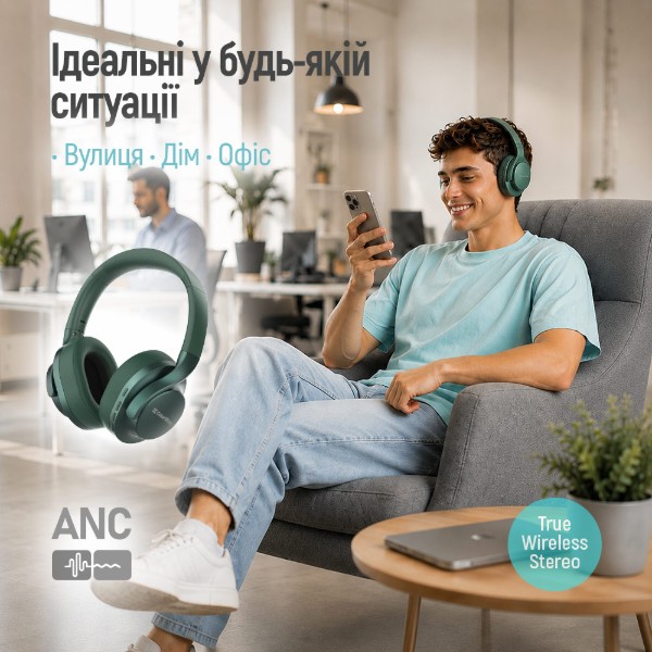 Фото - Наушники полноразмерные беспроводные Colorway AERO ANC Green (CW-HBT02G)