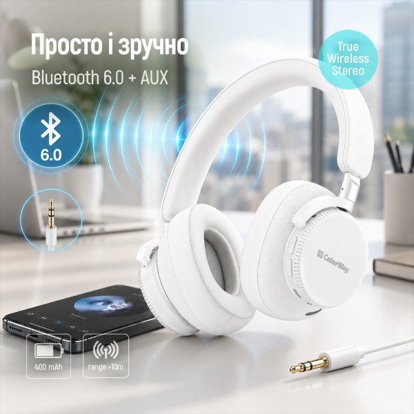 Фото - Наушники полноразмерные беспроводные Colorway PRIME White (CW-HBT01WT)