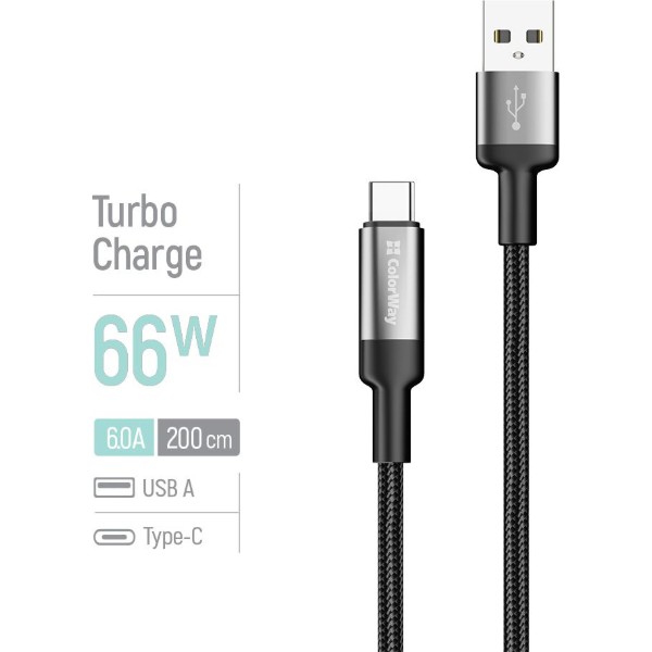 Фото - Кабель Colorway USB - Type-C (braided wire) 6А 2м Black (CW-CBUC097-BK)