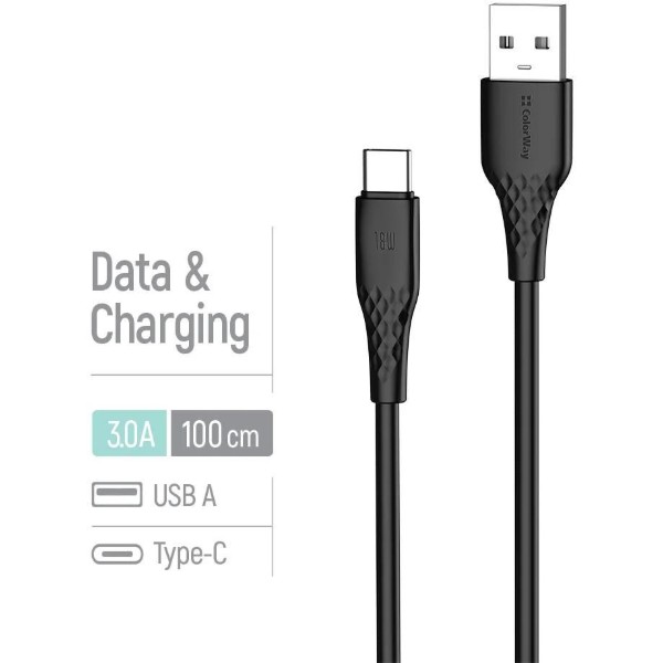 Фото - Кабель Colorway USB - Type-C (textured PVC) 3А 1м Black (CW-CBUC094-BK)