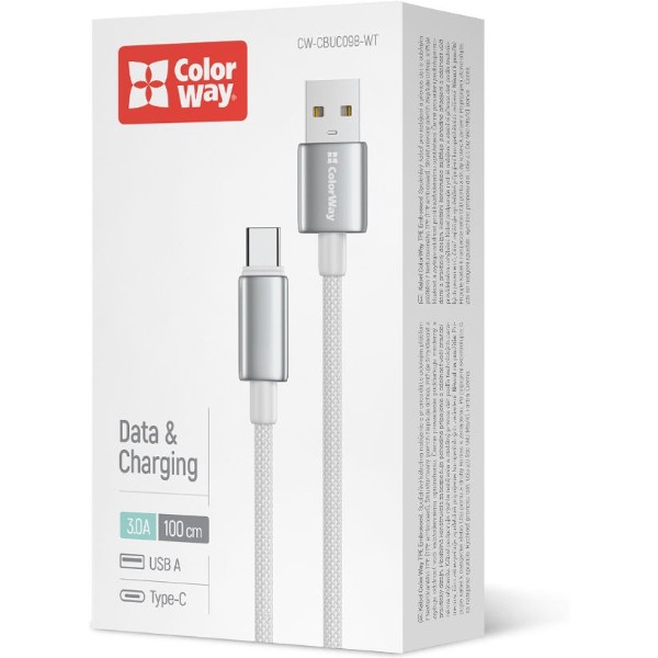 Фото - Кабель Colorway USB - Type-C (zinc alloy braided) 3А 1м 
White (CW-CBUC098-WT)