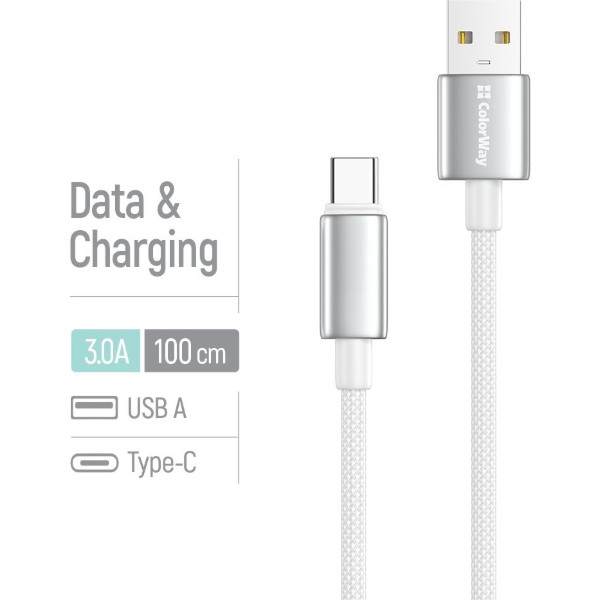 Фото - Кабель Colorway USB - Type-C (zinc alloy braided) 3А 1м 
White (CW-CBUC098-WT)