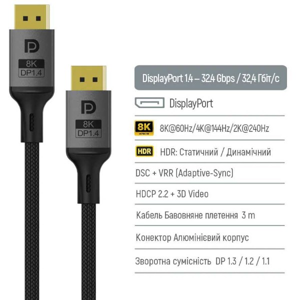 Фото - Кабель Colorway DisplayPort-DisplayPort V1.4 8K 1.5м Black (CW-CBDP093-BK)