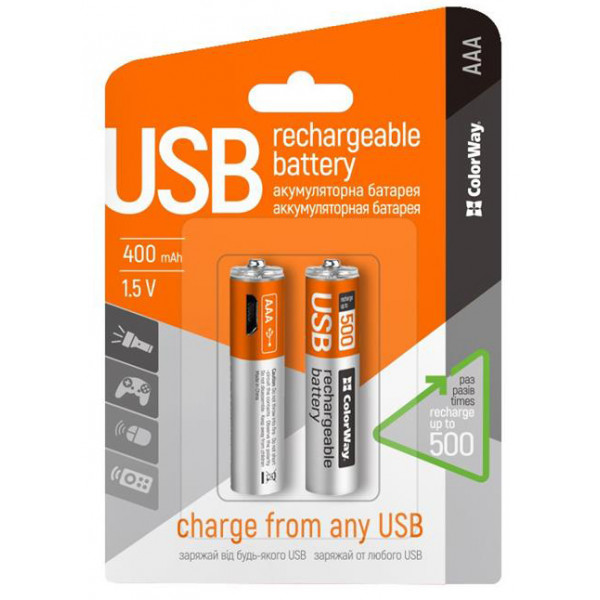 Фото - Акумулятор тип AAA Colorway microUSB AAA/HR03 BL 2 шт. (CW-UBAAA-01)