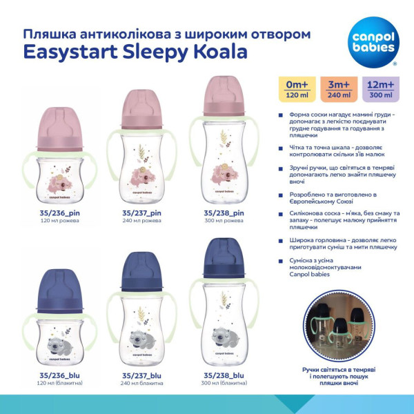 Фото - Пляшка для годування Canpol babies з широким отвором антиколікова Easystart Sleepy Koala 120 мл рожева (35/236_pin)
