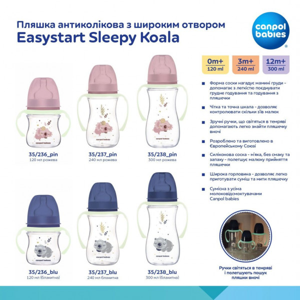 Фото - Пляшка для годування Canpol babies антиколікова з широким отвором 240 мл Easystart Sleepy Koala - рожева (35/237_pin)