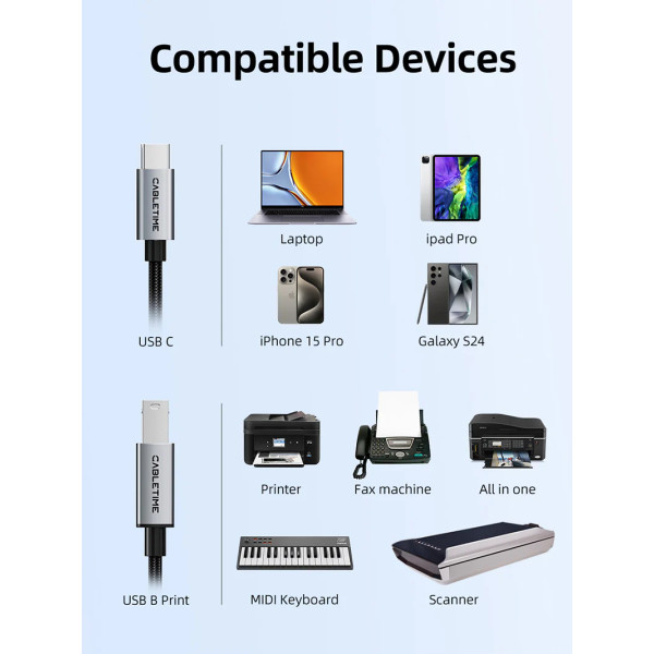 Фото - Кабель USB Type-C - USB Type-B 
 Cabletime USB 2.0 Type-C (M) - B Print 2 м (CA16L)