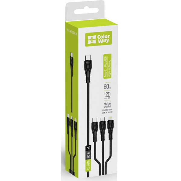 Фото - Кабель синхронизации данных Colorway Type-C - 3в1 (Lightning+MicroUSB+Type-C) 3.0A PD60W data 1.2м черный (CW-CBPDU3060-BK)