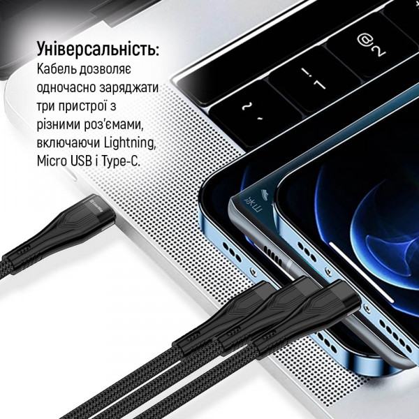 Фото - Кабель синхронизации данных Colorway Type-C - 3в1 (Lightning+MicroUSB+Type-C) 3.0A PD60W data 1.2м черный (CW-CBPDU3060-BK)