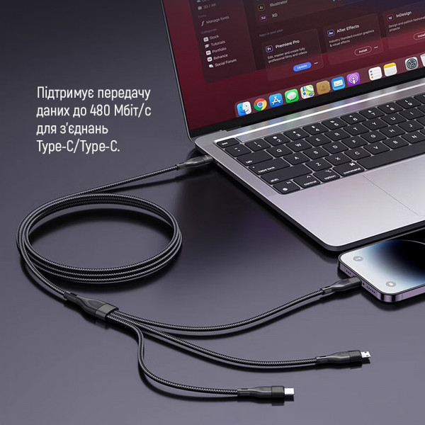 Фото - Кабель синхронизации данных Colorway Type-C - 3в1 (Lightning+MicroUSB+Type-C) 3.0A PD60W data 1.2м черный (CW-CBPDU3060-BK)