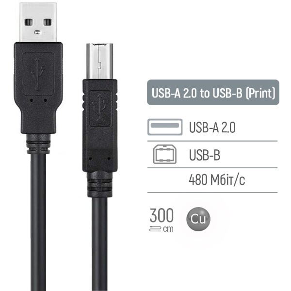 Фото - Кабель USB type A - USB type B Colorway USB 2.0 AM to BM Print Cable 3m (CW-CBUB073-BK)