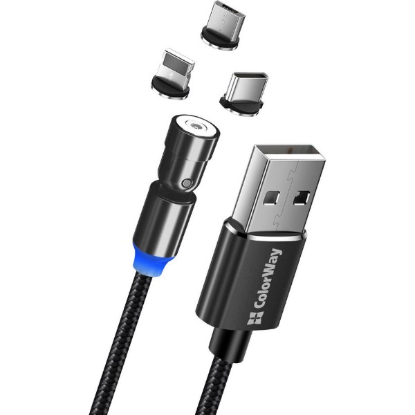 Фото - Кабель Colorway USB-Lightning + microUSB + USB-C 1 m Black (CW-CBUU037-BK)