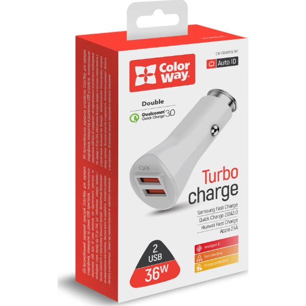 Фото - Автомобильное зарядное устройство Colorway Quick Charge 3.0 2USB 36 White (CW-CHA011Q-WT)