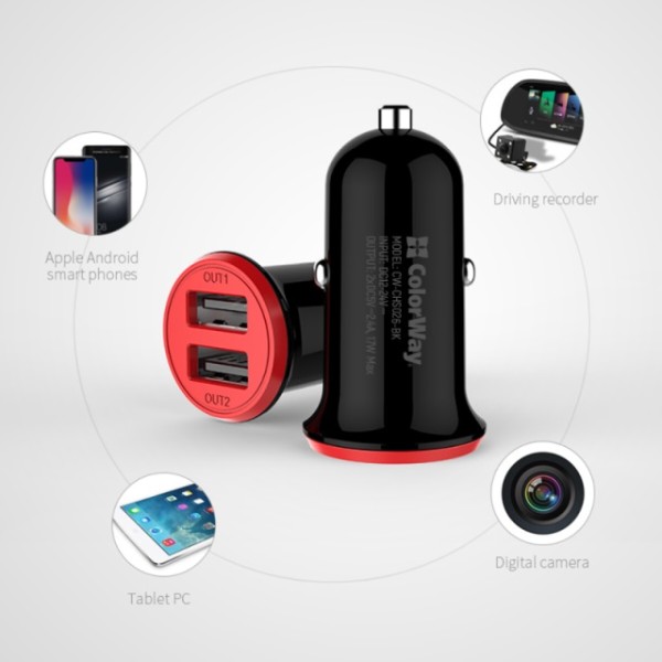 Фото - Автомобільний зарядний пристрій Colorway 2USB, 3.4A, 17W Red/Black (CW-CHA026-BK)