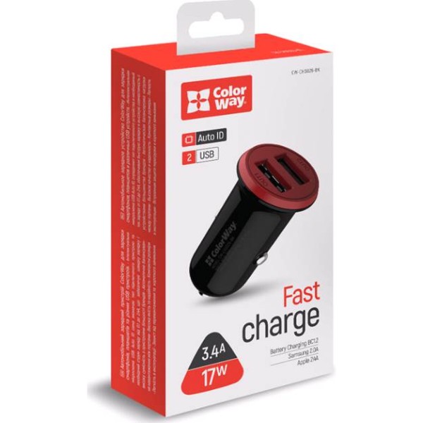 Фото - Автомобільний зарядний пристрій Colorway 2USB, 3.4A, 17W Red/Black (CW-CHA026-BK)