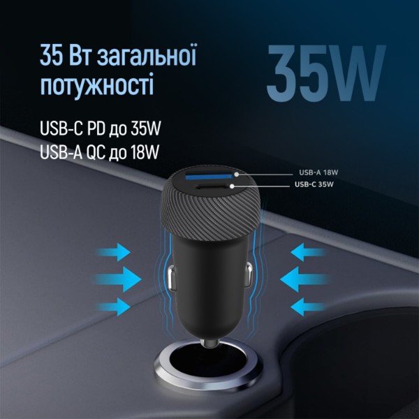 Фото - Автомобільний зарядний пристрій Colorway 2USB (Type-C PD35W + USB QC3.0) (35W) Black (CW-CHA064PD-BK)