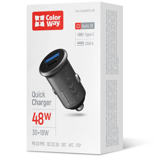 Фото - Автомобільний зарядний пристрій Colorway 2USB (Type-C PD30W + USB QC3.0 18W) (48W) Gray (CW-CHA065PD-GR)