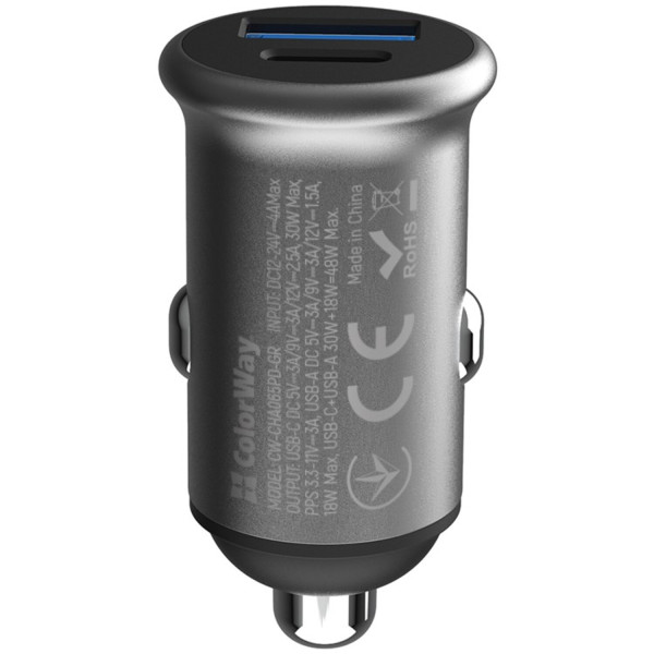 Фото - Автомобільний зарядний пристрій Colorway 2USB (Type-C PD30W + USB QC3.0 18W) (48W) Gray (CW-CHA065PD-GR)