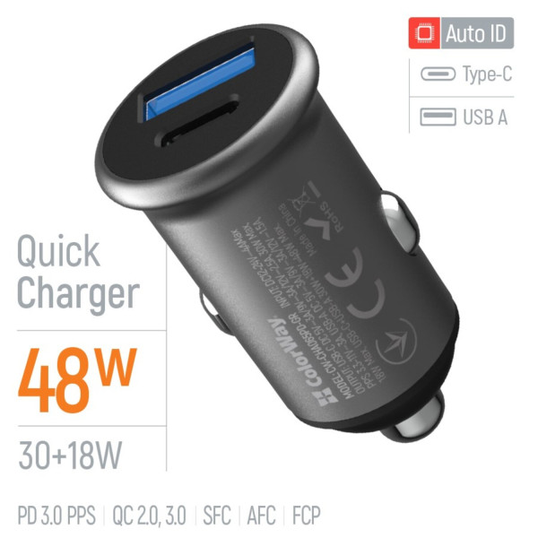 Фото - Автомобільний зарядний пристрій Colorway 2USB (Type-C PD30W + USB QC3.0 18W) (48W) Gray (CW-CHA065PD-GR)